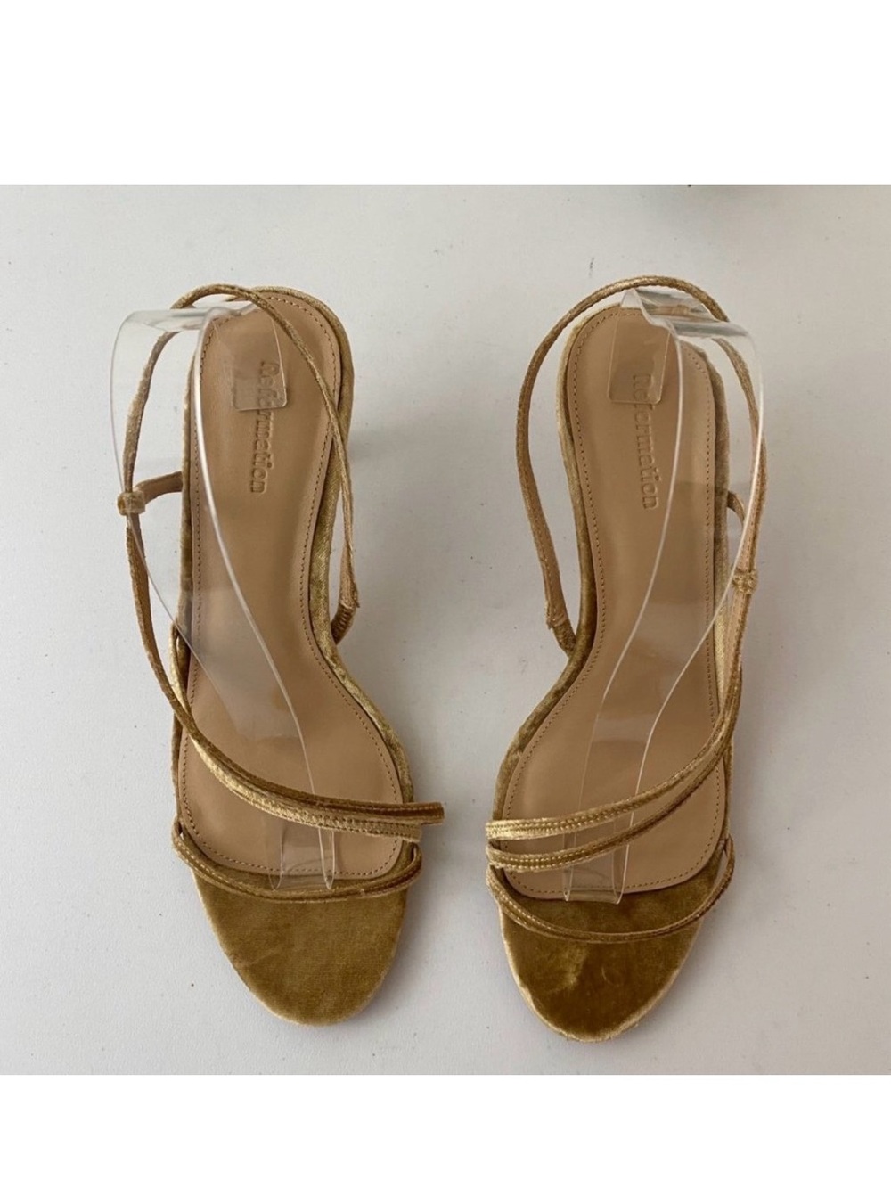 Reformation Gold Velvet Strappy Heels